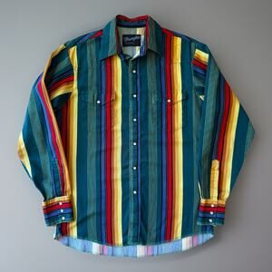 Vintage Wrangler Brushpopper Shirt Medium Multicolor 80s Western Pearl Snap